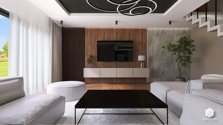 Wnętrze salonu z elementami quiet luxury, drewnianą ścianą i nowoczesnym oświetleniem.