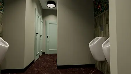 Przedpokój z eklektycznym wystrojem, jasne drzwi i ciemna podłoga.