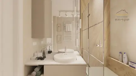 Minimalistyczna łazienka z dwiema umywalkami i drewnianymi detalami