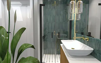 Wnętrze łazienki z zieloną ceramiką, białą umywalką i rośliną, styl quiet luxury.