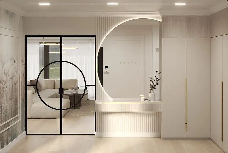 Przedpokój z art deco i nowoczesnym designem, białe meble, drewniane akcenty.