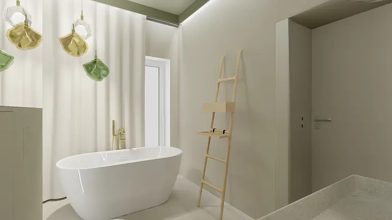 Wnętrze łazienki z białą wanną, złotymi lampami i minimalistycznym designem boho oraz japandi.