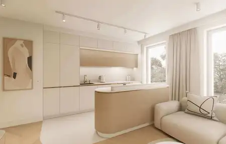 Kuchnia w stylu japandi z minimalistycznym wykończeniem i nowoczesnymi detalami.