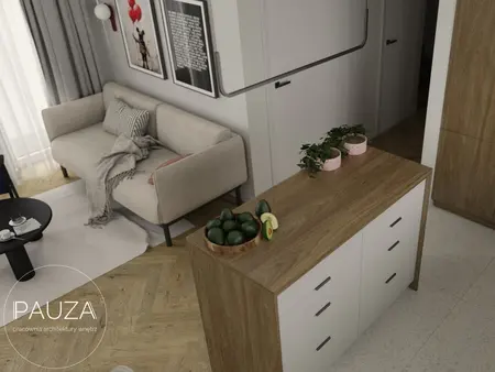 Nowoczesne wnętrze z beżową sofą i drewnianym stołem, styl vintage i współczesny.