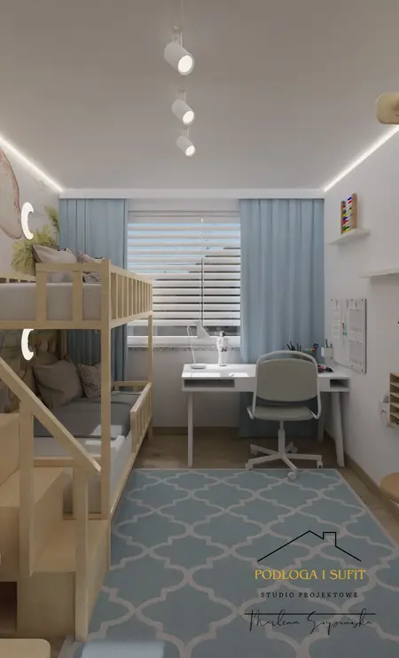 Pokój dziecięcy z łóżkiem piętrowym, biurkiem i niebieskimi zasłonami w stylu minimalistycznym.