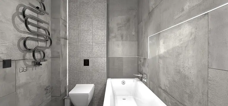 Nowoczesna łazienka z szarymi płytkami, wanną i akcesoriami w stylu dopamine decor, industrialnym i minimalistycznym.