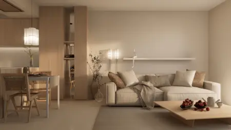 Wnętrze salonu w stylu japandi, minimalistycznym i soft minimalizm z jasnymi meblami.