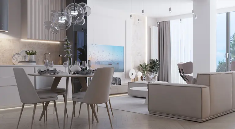 Wnętrze jadalni w stylach art deco i minimalistycznym z białymi meblami.