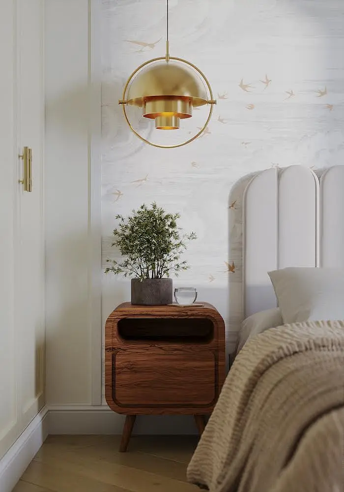Sypialnia w stylu art deco i eklektycznym z drewnianym stolikiem nocnym i lampą.