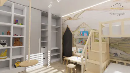 Pokój dla dzieci z drewnianymi mebelkami, półkami i zabawkami w stylu minimalistycznym.