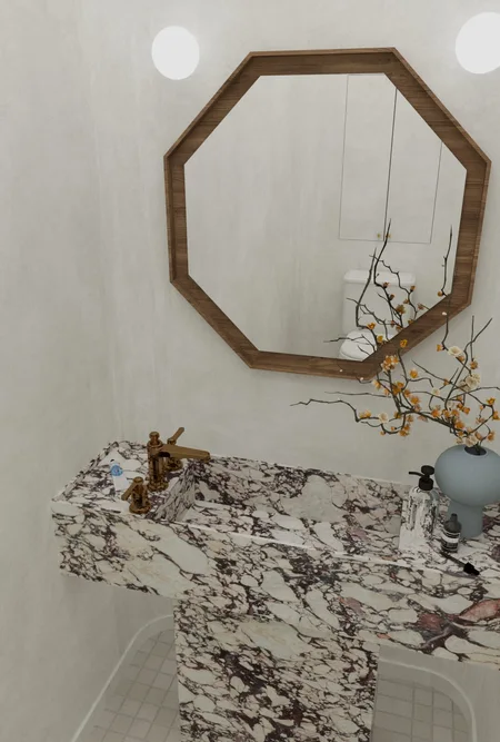Wnętrze łazienki z marmurową umywalką, drewnianym lustrem oraz dodatkami w stylu art deco, minimaluxe, quiet luxury.