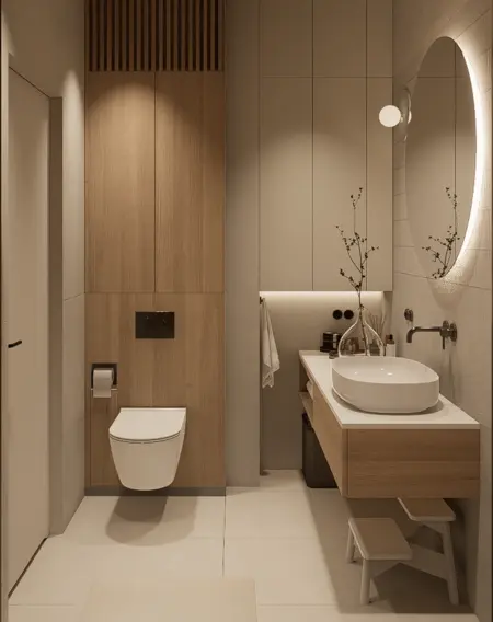 Minimalistyczna łazienka w stylu soft minimalizm z drewnem i nowoczesną umywalką.