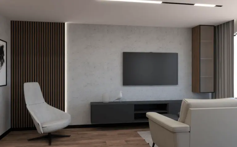 Nowoczesny salon w soft minimalizmie z szarymi ścianami i drewnianymi detalami.