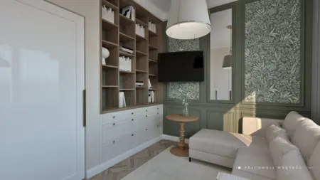 Wnętrze z białą sofą, zieloną ścianą i regałem boho, japandi, minimalistycznym, nowoczesnym, skandynawskim, współczesnym.