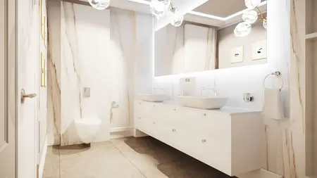 Wnętrze łazienki z białymi meblami, marmurowymi ścianami i nowoczesnymi detalami.
