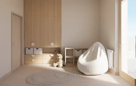 Pokój dziecięcy w stylu minimalistycznym z drewnianymi meblami, pluszowym misiem i oknem.