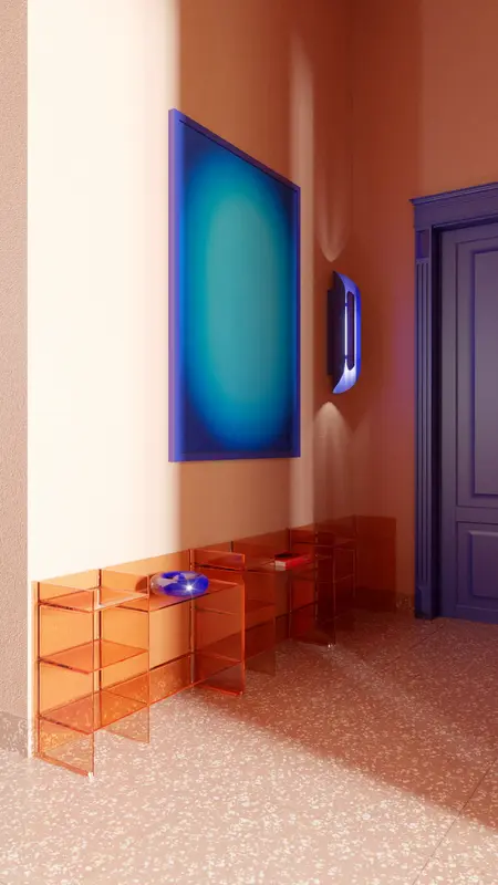 Przedpokój z pomarańczowymi meblami i niebieskim obrazem w stylu dopamine decor.