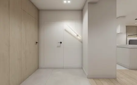 Przedpokój w stylu minimalistycznym z drewnianymi elementami i jasnymi ścianami.