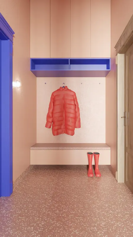 Przedpokój z różową podłogą, niebieskimi meblami i czerwonym płaszczem. Styl dopamine decor.