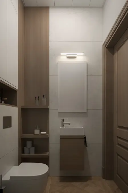Wnętrze łazienki w stylu art deco, glamour i soft minimalizm z drewnianymi dodatkami.