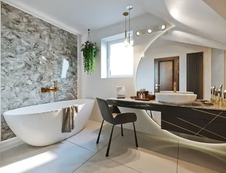 Nowoczesna łazienka z wanną, umywalką i dekoracjami roślinnymi. Minimaluxe, współczesny design.