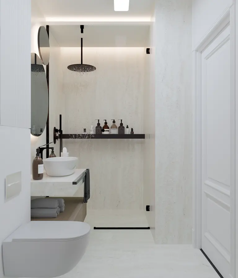 Nowoczesna łazienka w stylu minimalistycznym z elementami art deco i quiet luxury.