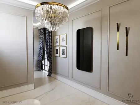 Elegancki przedpokój z lustrem, żyrandolem i zasłonami w stylu glamour, nowoczesnym i quiet luxury.