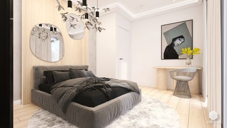 Wnętrze sypialni z szarym łóżkiem, drewnianymi meblami, nowoczesnym oświetleniem.