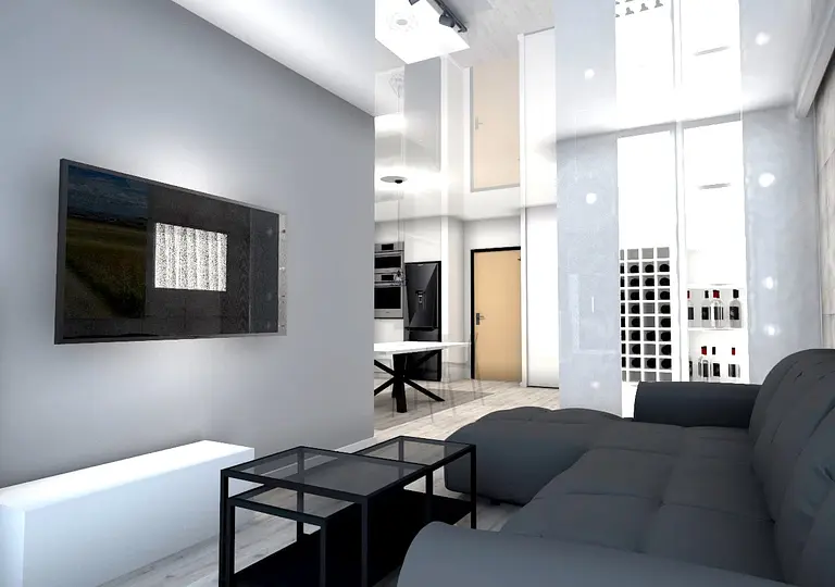 Wnętrze salonu w stylu industrialnym i minimalistycznym z szarymi meblami.