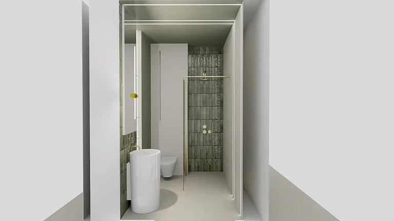 Nowoczesna łazienka z białymi meblami i szarymi płytkami, styl boho i minimalizm.