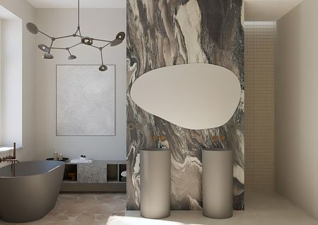 Wnętrze łazienki w stylu quiet luxury, soft minimalizm i vintage z elegancką armaturą.