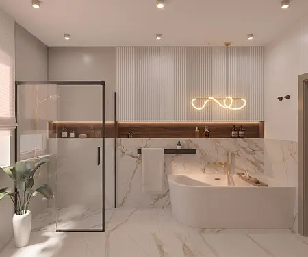 Nowoczesna łazienka z wanną, prysznicem i minimalistycznym designem, styl quiet luxury.