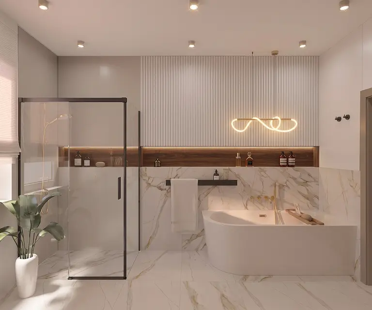 Nowoczesna łazienka z wanną, prysznicem i minimalistycznym designem, styl quiet luxury.