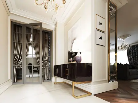 Przedpokój w stylu glamour z nowoczesnymi elementami, lustrami i eleganckimi zasłonami.