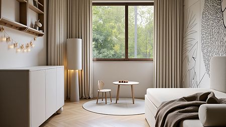 Wnętrze pokoju w stylu japandi z minimalistycznymi meblami i dużym oknem