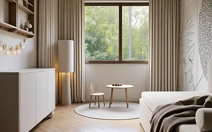 Wnętrze pokoju w stylu japandi z minimalistycznymi meblami i dużym oknem