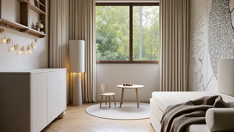 Wnętrze pokoju w stylu japandi z minimalistycznymi meblami i dużym oknem