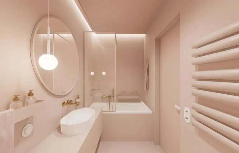 Nowoczesna łazienka w stylu japandi, minimalistyczna, quiet luxury z wanną i umywalką.