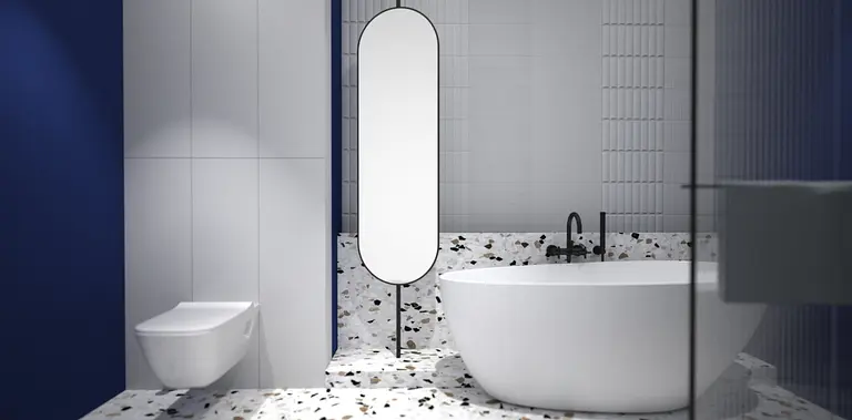Elegancka łazienka w stylu eklektycznym, minimalistycznym, nowoczesnym i vintage z białą wanną.
