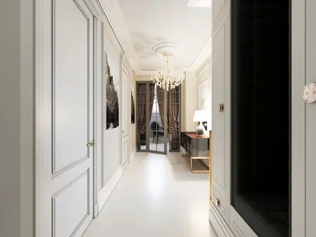 Przedpokój w stylu glamour z nowoczesnym oświetleniem i współczesnymi akcentami.