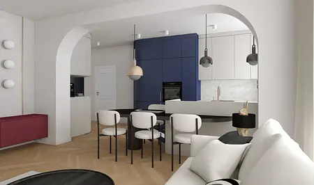 Wnętrze kuchni w stylu art deco i eklektycznym z białymi i niebieskimi meblami.