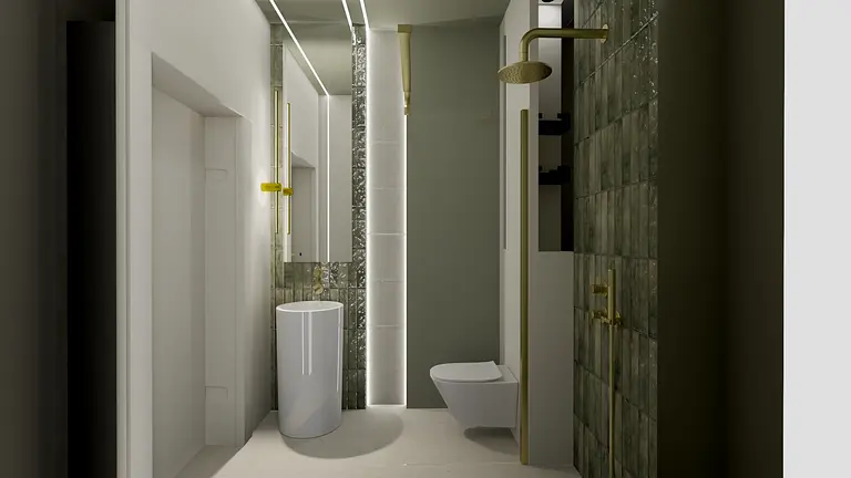 Nowoczesna łazienka z białą umywalką, złotymi detalami i zielonymi płytkami, styl boho, minimalizm.
