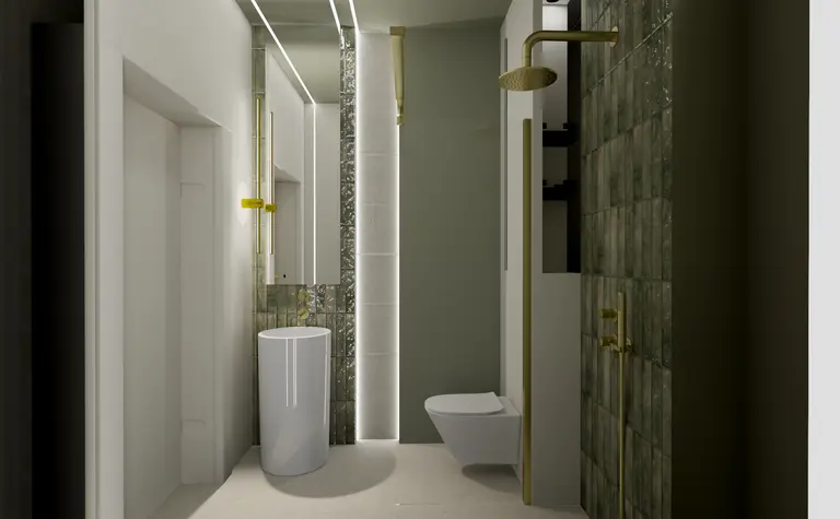 Nowoczesna łazienka z białą umywalką, złotymi detalami i zielonymi płytkami, styl boho, minimalizm.