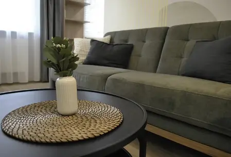 Wnętrze salonu w stylu minimalistycznym z zieloną sofą i czarnym stolikiem.