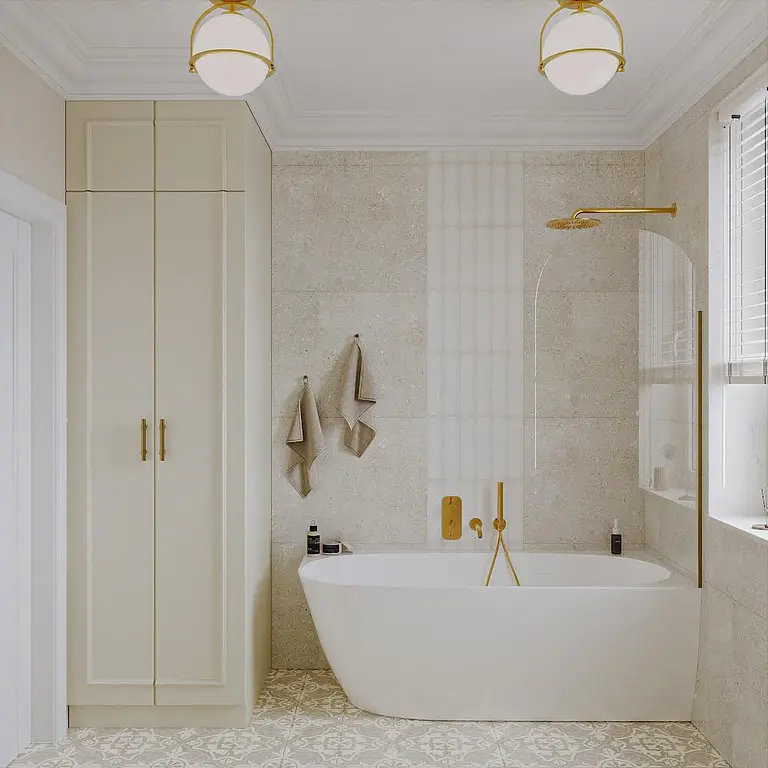 Nowoczesna łazienka w stylu art deco i eklektycznym z wanną i beżowymi akcentami.