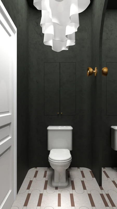 Toaleta z białą miską WC, szarymi ścianami i podłogą w stylu art deco, minimaluxe, quiet luxury.