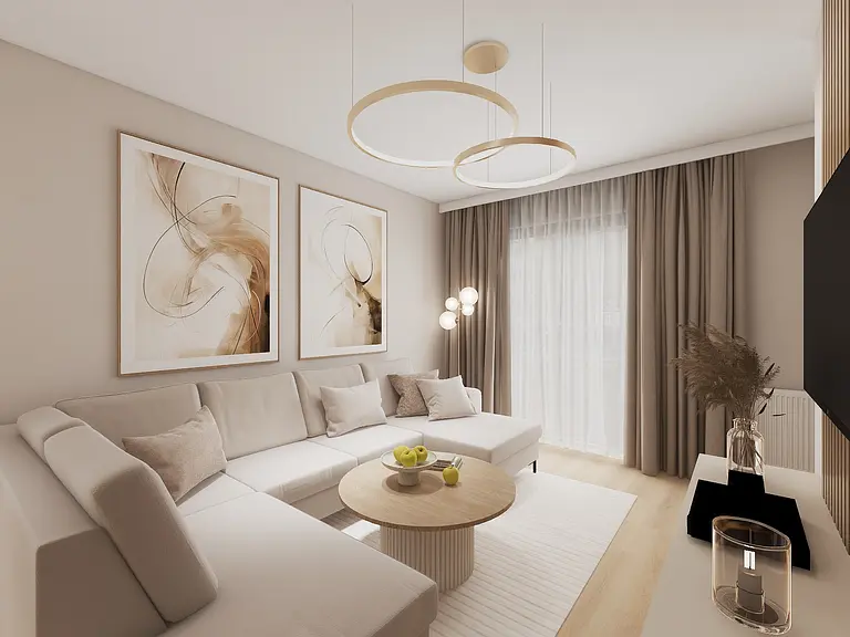 Wnętrze salonu w stylach glamour, japandi, minimaluxe, nowoczesnym, quiet luxury, współczesnym.