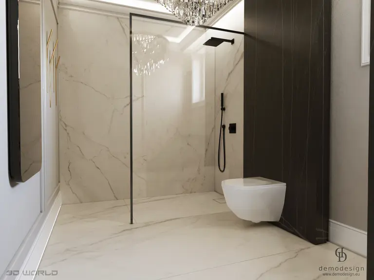 Nowoczesna łazienka z kabiną prysznicową i eleganckimi akcentami glamour.