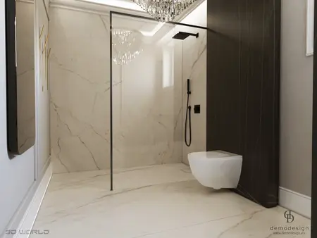 Nowoczesna łazienka z kabiną prysznicową i eleganckimi akcentami glamour.
