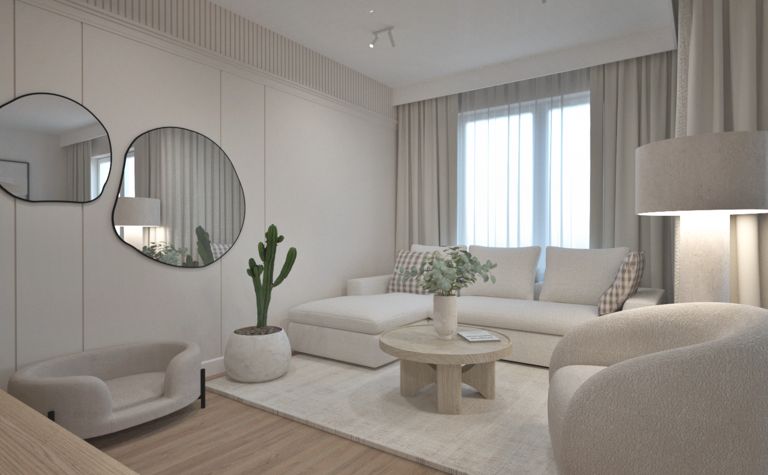 Wnętrze salonu w stylu boho i japandi z jasnymi meblami